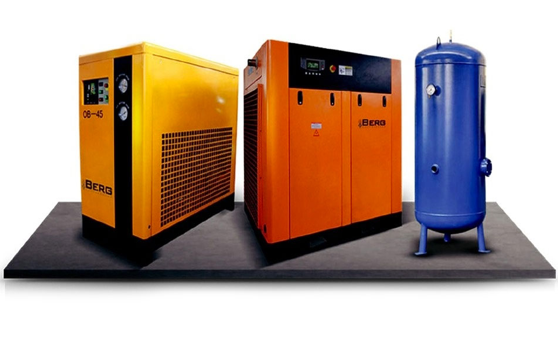Электрические стационарные винтовые компрессоры в диапазоне мощностей от 5.5 до 315 кВт. Опционально: с частотным преобразователем. Осушители, фильтры, ресиверы сжатого воздуха
